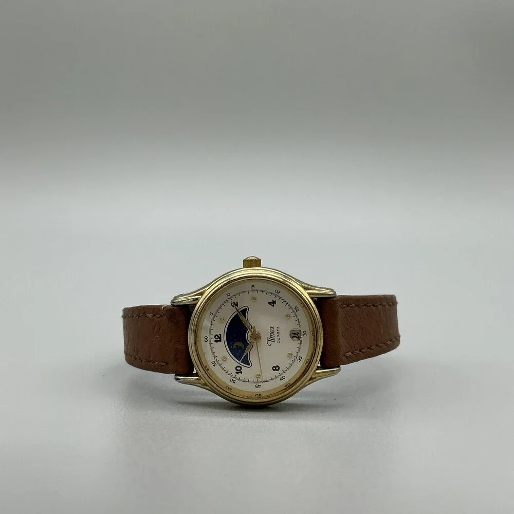 Vintage Timex Womens Watch 24mm Moon Phase Date Brown Leather New Battery